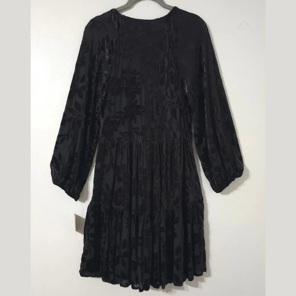 TAYLOR Long Sleeve Black Burnout Velvet Floral Empire Waist Dress, Tiered Skirt - Picture 6 of 16